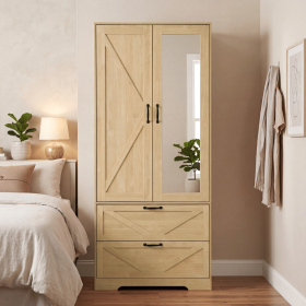 2 Door Wood Wardrobe for Bedroom with Hanging Clothing Rod inside the Cabinet and 2 Drawers for Storage Organization