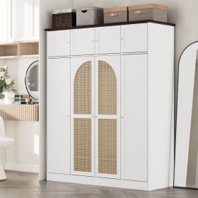 70.87"Tall 8-Door Large Capacity Armoire Wardrobe Closet with Hanging Rod, Adjustable Shelves and Rattan Decorative Doors
