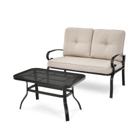 2 Pieces Patio Loveseat Bench Table Furniture Set with Cushioned Chair (Color: Beige)