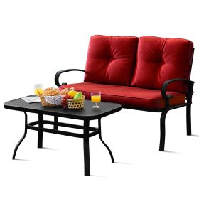 2 Pieces Patio Loveseat Bench Table Furniture Set with Cushioned Chair (Color: Red)