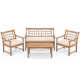 4 Piece Wood Patio Furniture with Armchairs Loveseat and Coffee Table (Color: White)