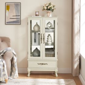 Curio Cabinet Lighted Glass Cabinet Glass Wine Cabinet Curio Display Cabinet with Adjustable Glass Shelves 2 Doors and 1 drawer Cabinet Sideboard (Color: Antique White, Material: MDF+glass)
