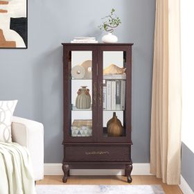 Curio Cabinet Lighted Glass Cabinet Glass Wine Cabinet Curio Display Cabinet with Adjustable Glass Shelves 2 Doors and 1 drawer Cabinet Sideboard (Color: Cherry, Material: MDF+glass)